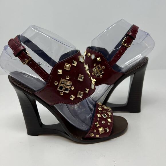 Tory Burch Women's Size 7 Kingsbridge Studded Open Toe Wedge Maroon Sandals - Picture 9 of 15
